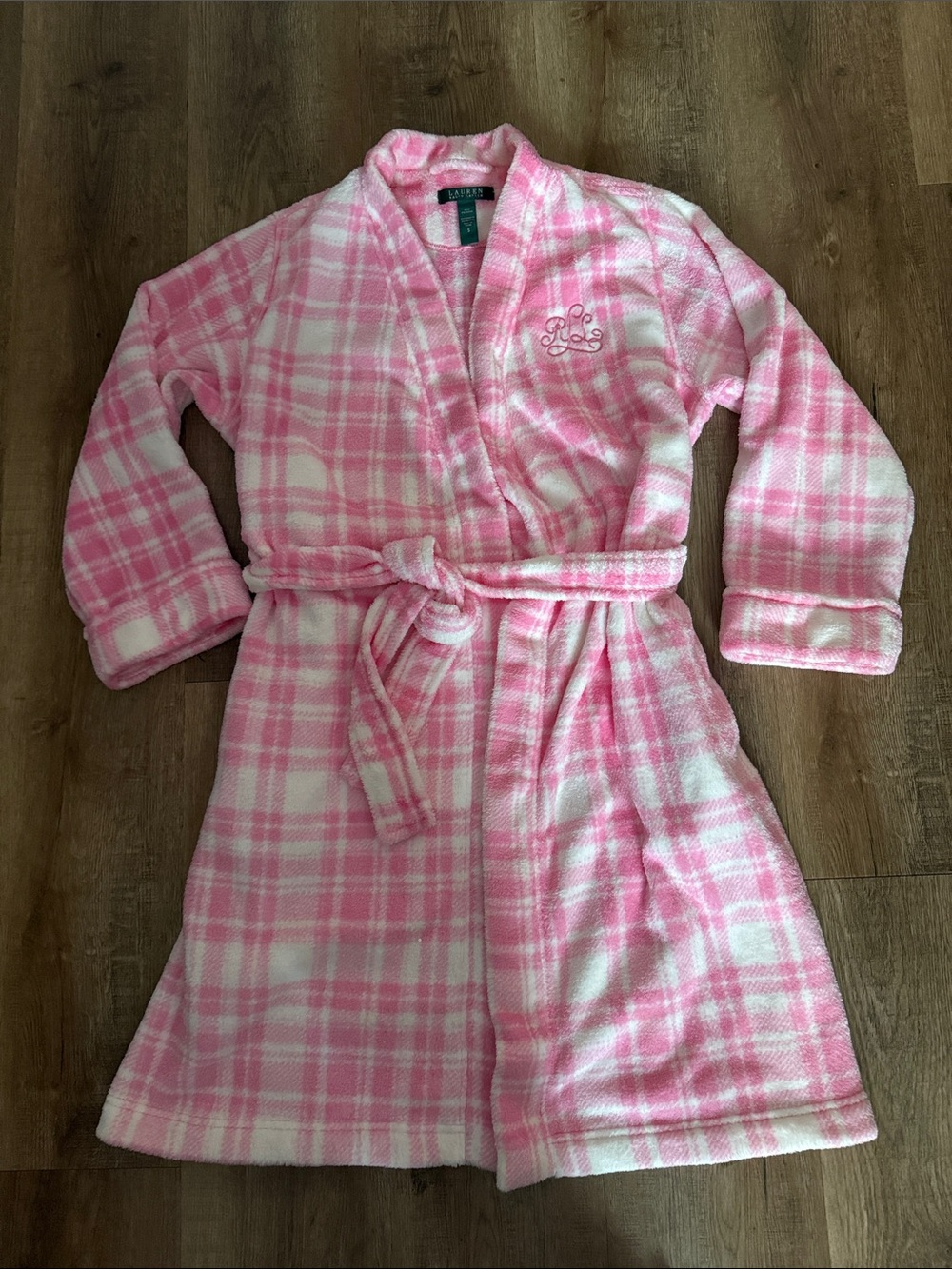Ralph Lauren Women's Plush pink & white Robe  Embroidered Logo S
